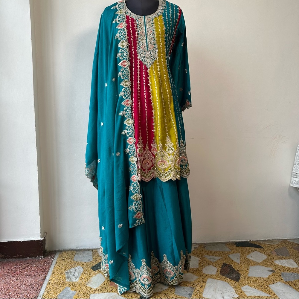 Teal Anarkali Palazzo Set w/ Dupatta | Embroidered Zari Ethnic - Picture 8 of 16